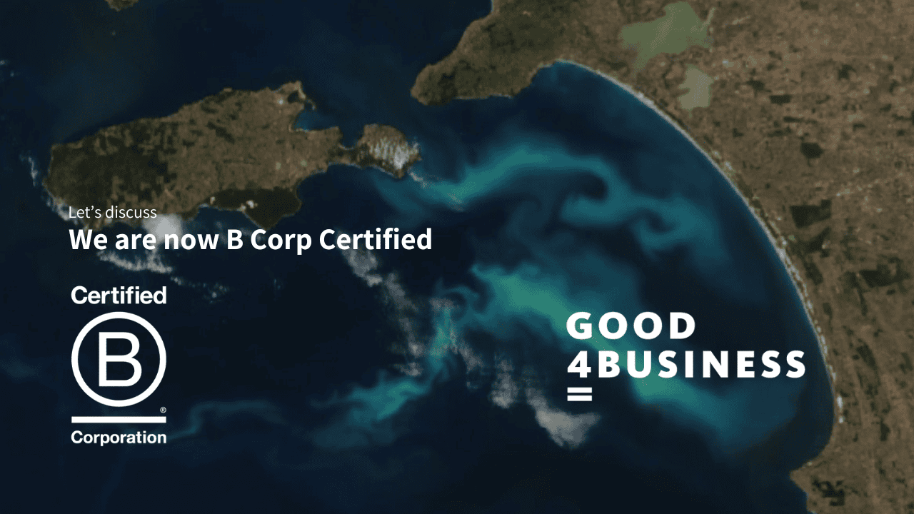 NASA image of phytoplankton blooms over South Australian coast in January 2024 with B Corp Certification logo and Good 4 Business