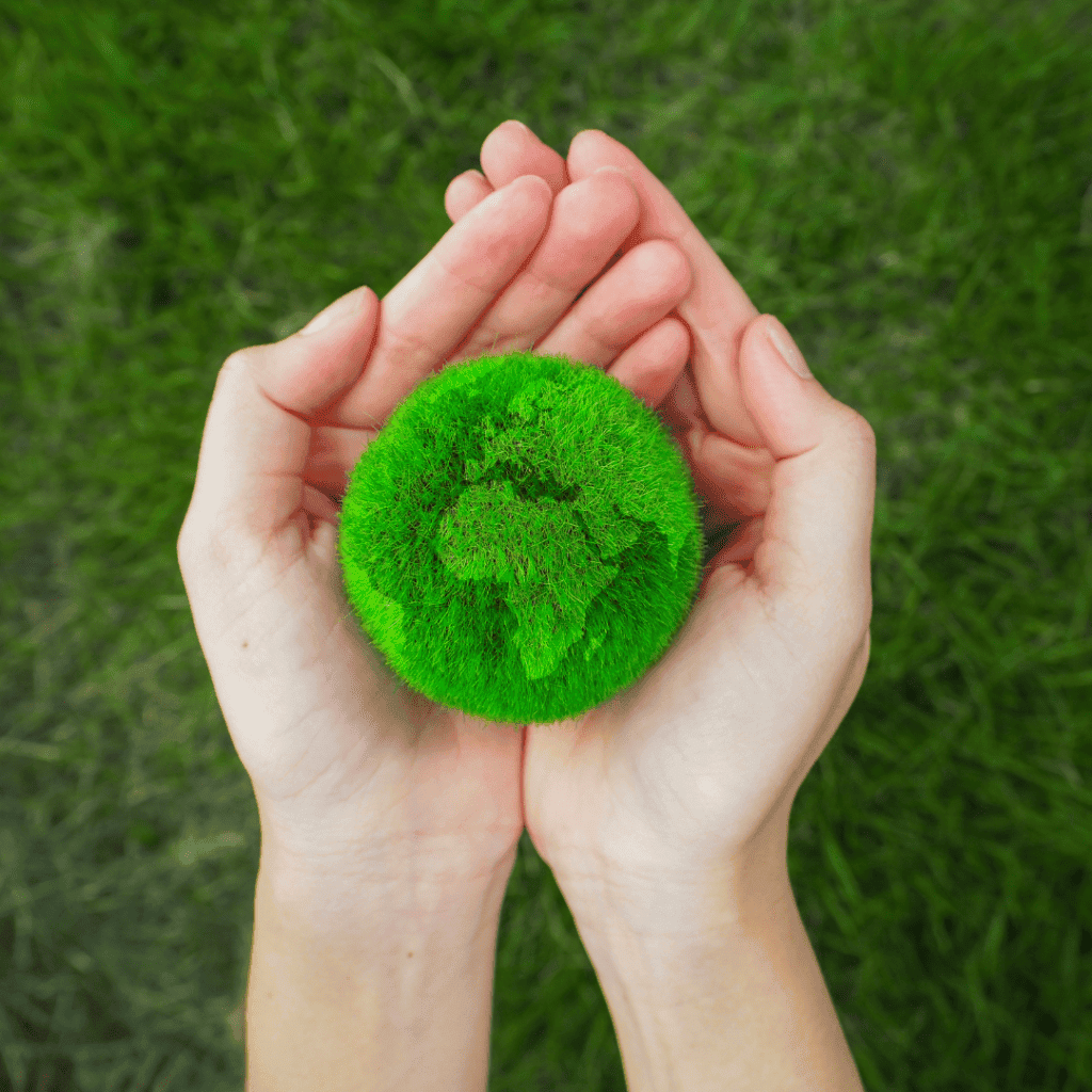 Earth as green globe in hands with grass in background